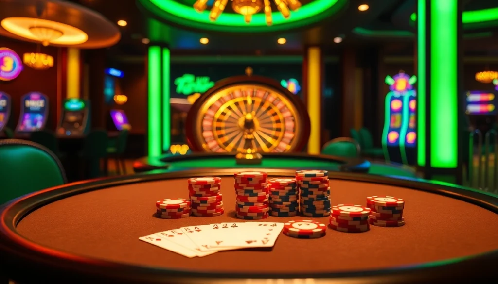 Engaging poker game ambiance displaying Daftar Modal138, vibrant chips, cards, and roulette excitement.