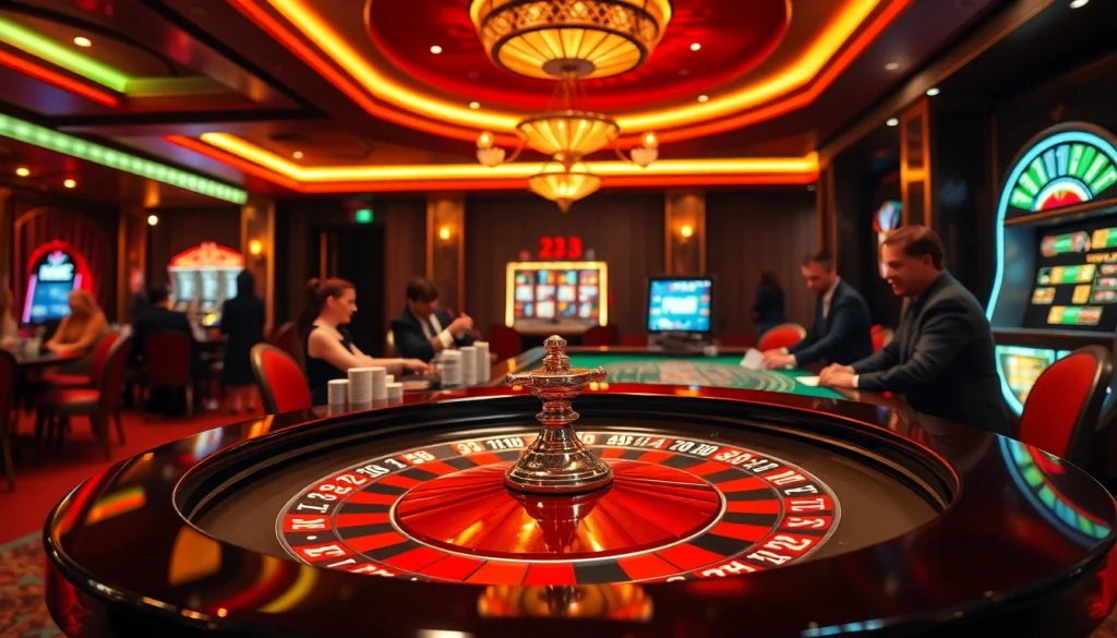 Exciting gaming scene at 23win casino with roulette, poker chips, and slot machines.
