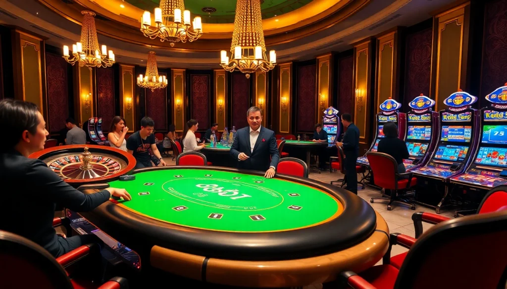 Players enjoying a thrilling poker game at bk8thai casino, showcasing luxury and excitement.