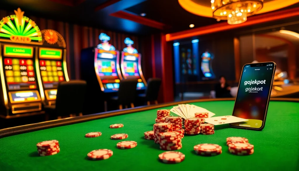Exciting casino atmosphere with poker chips and a "gojekpot" betting interface enhancing the gaming experience.