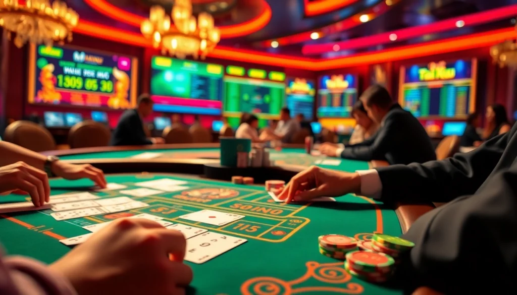 Tài Xỉu Online players strategizing their bets at a vibrant casino table.