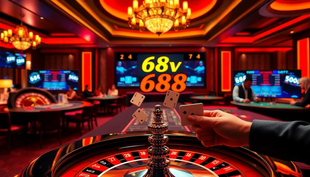 Exciting casino atmosphere at 688v with vibrant roulette wheel, poker tables, and engaging players.