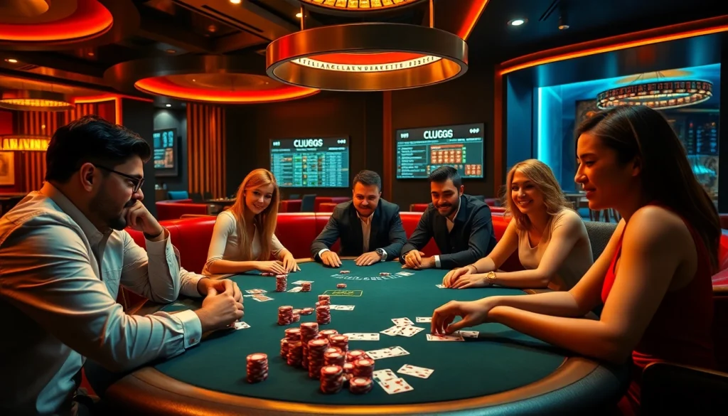 Players enjoying an intense match at a ClubGG poker club, surrounded by chips and cards for a thrilling gaming experience.