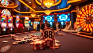 Experience exhilarating gameplay at a luxurious casino table featuring go 88 chips and vibrant slot machines.