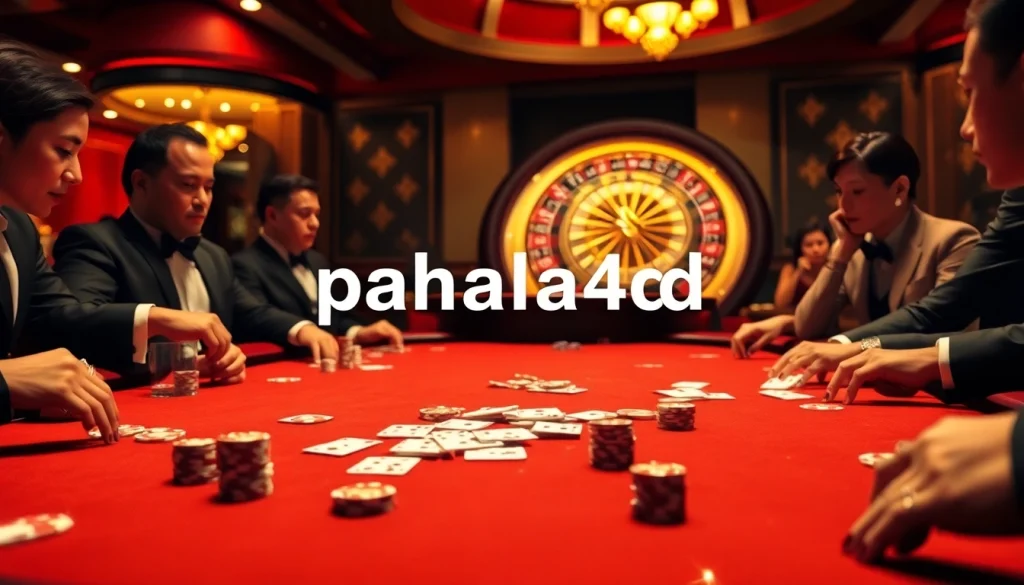 Pahala4d poker table scene with players, chips, and a roulette wheel, showcasing high-stakes excitement.