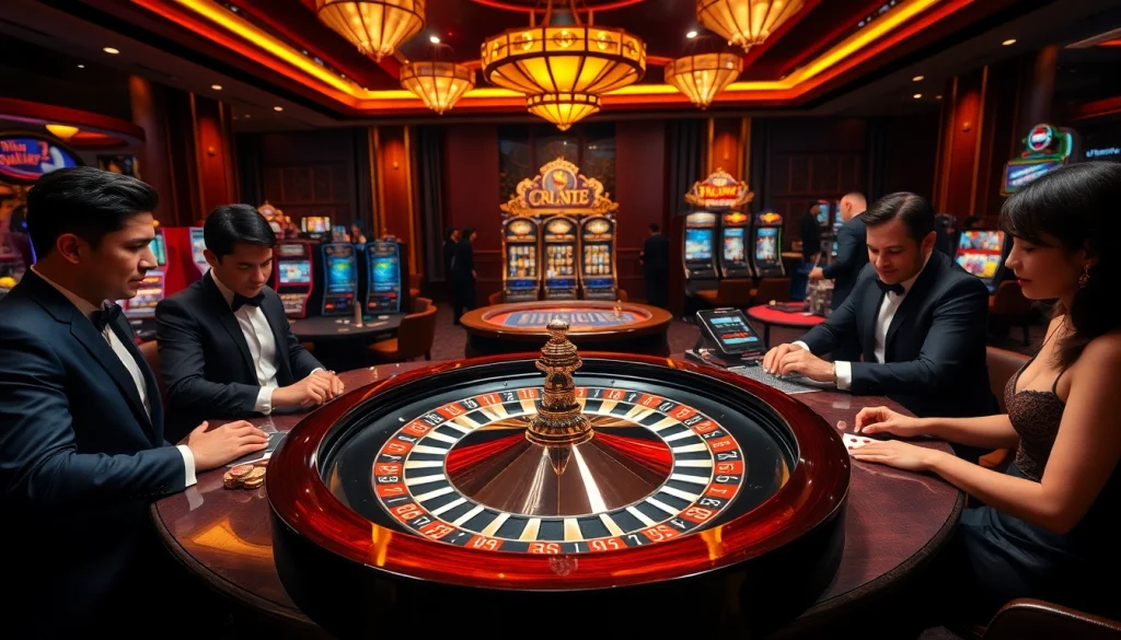 Players enjoying a thrilling game at RR88's luxurious casino tables, showcasing roulette and poker action.