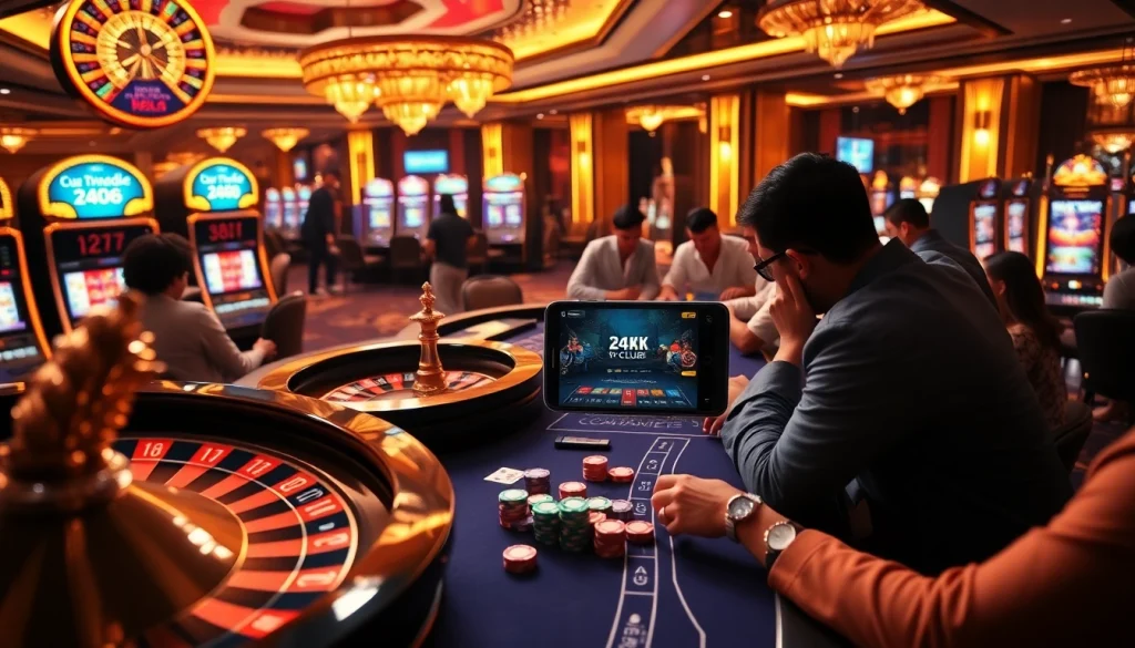 Người chơi tương tác với ứng dụng 24kclub trong một môi trường casino sống động đầy bánh xe roulette và chip poker.