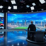 Engaging sports broadcasting studio with anchors presenting live, showcasing dynamic visuals.