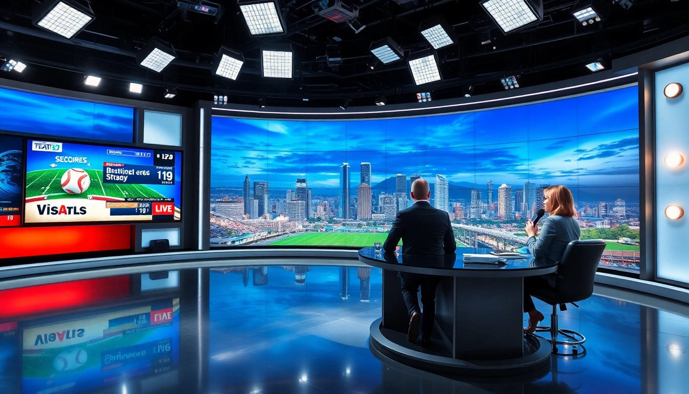 Engaging sports broadcasting studio with anchors presenting live, showcasing dynamic visuals.