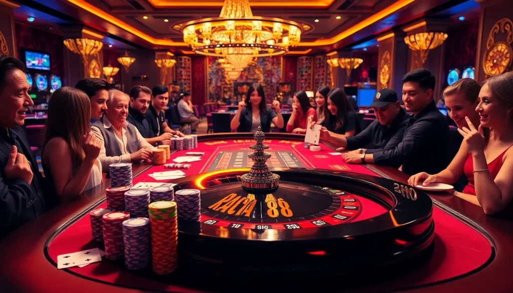 Exciting raja 88 casino scene with vibrant table, colorful poker chips, and thrilled players.