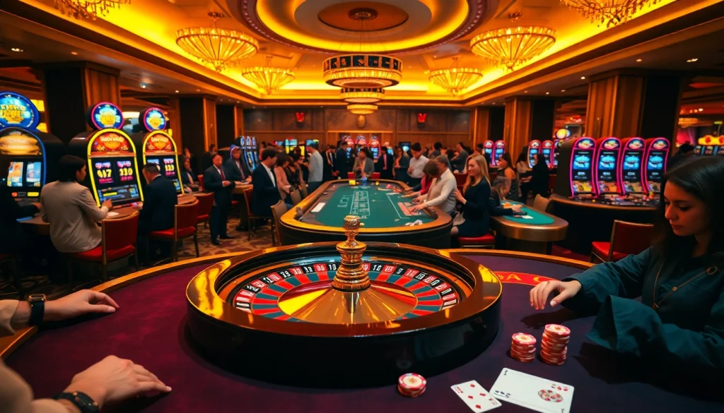 Exciting gambling action at https://thabet.vegas/ featuring a luxurious casino scene with poker games and roulette.