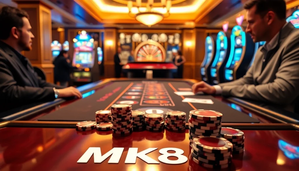 Exciting MK8 casino table with poker chips and playing cards in a luxury setting.