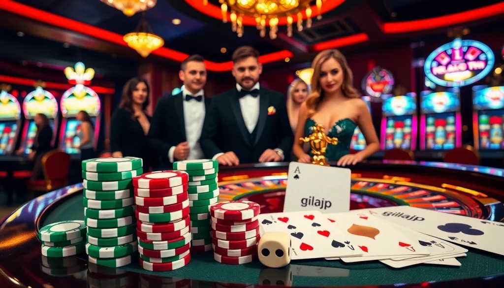 Players enjoy a thrilling game at a glamorous casino table with gilajp branding.