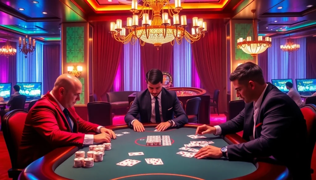 Players strategizing at a high-stakes U888 poker table with luxurious casino decor.