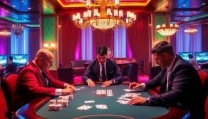 Players strategizing at a high-stakes U888 poker table with luxurious casino decor.