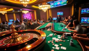 Join the excitement at https://fly88-vi.com/ with vibrant casino scenes of roulette and poker tables.