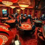Players engaging in high-stakes gameplay at MB66's radiant casino tables with roulette wheels and poker chips.