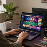 Playing online casino games at home via https://f168.osaka/, featuring vibrant interface and cozy atmosphere.