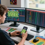 Pengaturan taruhan olahraga yang menarik dengan sbobet90, menampilkan monitor yang menampilkan odds waktu nyata