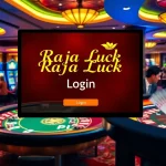 raja luck login interface with vibrant casino tables, colorful slot machines, and engaging players.