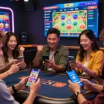 Excited friends celebrating a win on SC88.com mobile app in vibrant gambling setting.