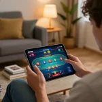 Player enjoying NK88 online games on tablet in a cozy living room setting.