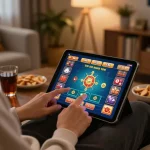 Player enjoying sc88 online casino game on tablet in a cozy home setting, engaging in responsible gambling.