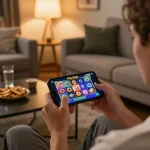 Terlibat dalam permainan slot mobile PG Soft di smartphone, menampilkan grafik berwarna-warni dan suasana rumah yang nyaman