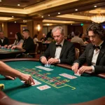 Iwin players engaged in an exciting blackjack game with dealer at a luxurious casino.