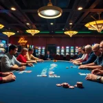 Memenangkan permainan dengan link T0812 di meja poker kasino yang ramai.