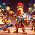 Baccarat enthusiasts enjoy a thrilling game with a gladiator rooster and tiger cub in a vibrant casino scene.