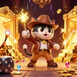 Gambar slot88 menampilkan kucing arkeolog 3D menemukan artefak kasino emas dikelilingi oleh harta karun menawan.