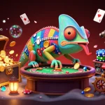 SURYA88 showcases an energetic chameleon casino scene with casino elements and vibrant treasures.