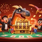 Situs gacor activates jackpot coins as a pachycephalosaurus headbutts a slot machine amidst flying treasures.